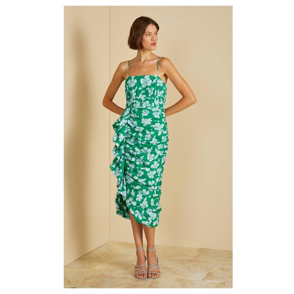 AMUR Olly Ruched Midi Dress in Frog Flower - NEW WITH TAGS - Picture 1 of 11
